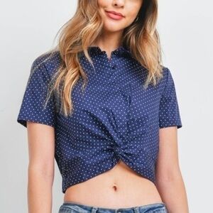 CHOCOLATE USA S Cropped Navy Dot Button-Up Blouse